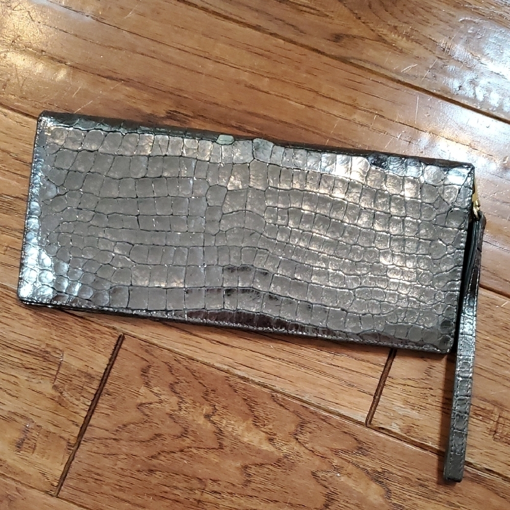 Lodis Silver Crocodile Embossed Clutch